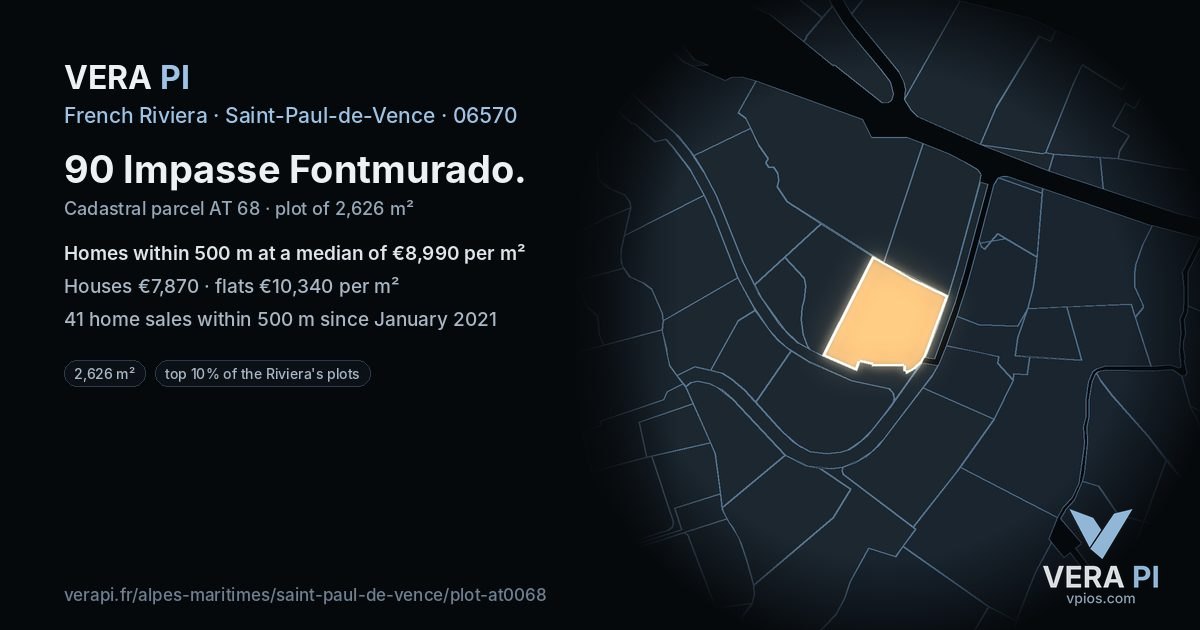 90 Impasse Fontmurado, Saint-Paul-de-Vence at night – the plot lit, the parcels around coloured by the prices near them