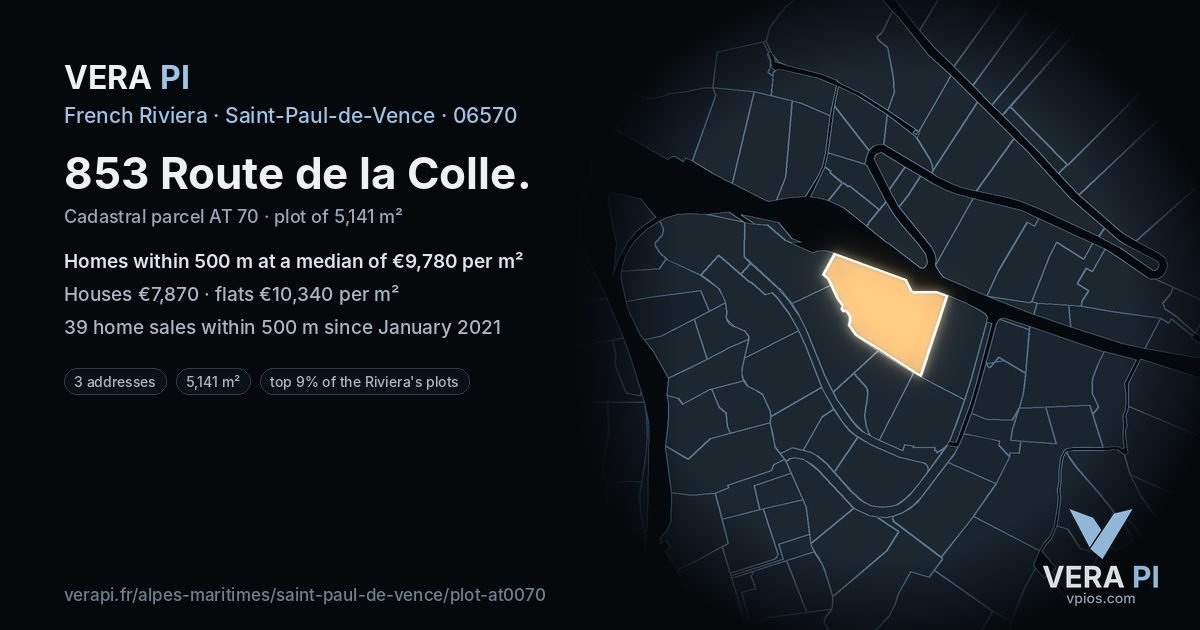 853 Route de la Colle, Saint-Paul-de-Vence at night – the plot lit, the parcels around coloured by the prices near them
