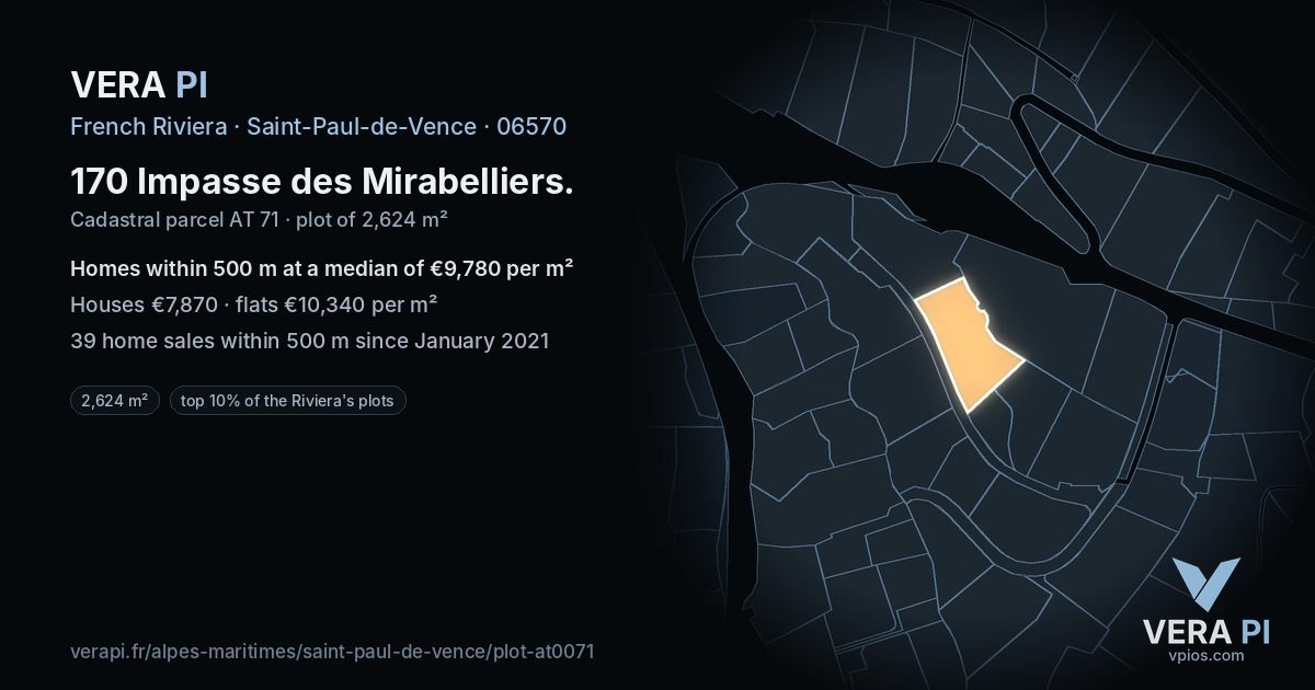 170 Impasse des Mirabelliers, Saint-Paul-de-Vence at night – the plot lit, the parcels around coloured by the prices near them