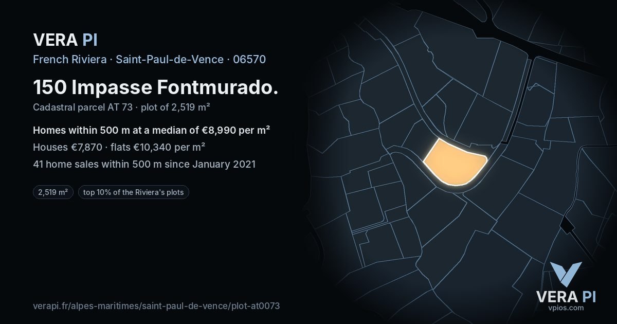 150 Impasse Fontmurado, Saint-Paul-de-Vence at night – the plot lit, the parcels around coloured by the prices near them