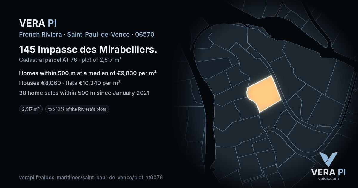 145 Impasse des Mirabelliers, Saint-Paul-de-Vence at night – the plot lit, the parcels around coloured by the prices near them