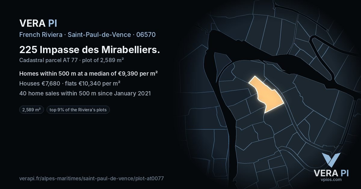 225 Impasse des Mirabelliers, Saint-Paul-de-Vence at night – the plot lit, the parcels around coloured by the prices near them