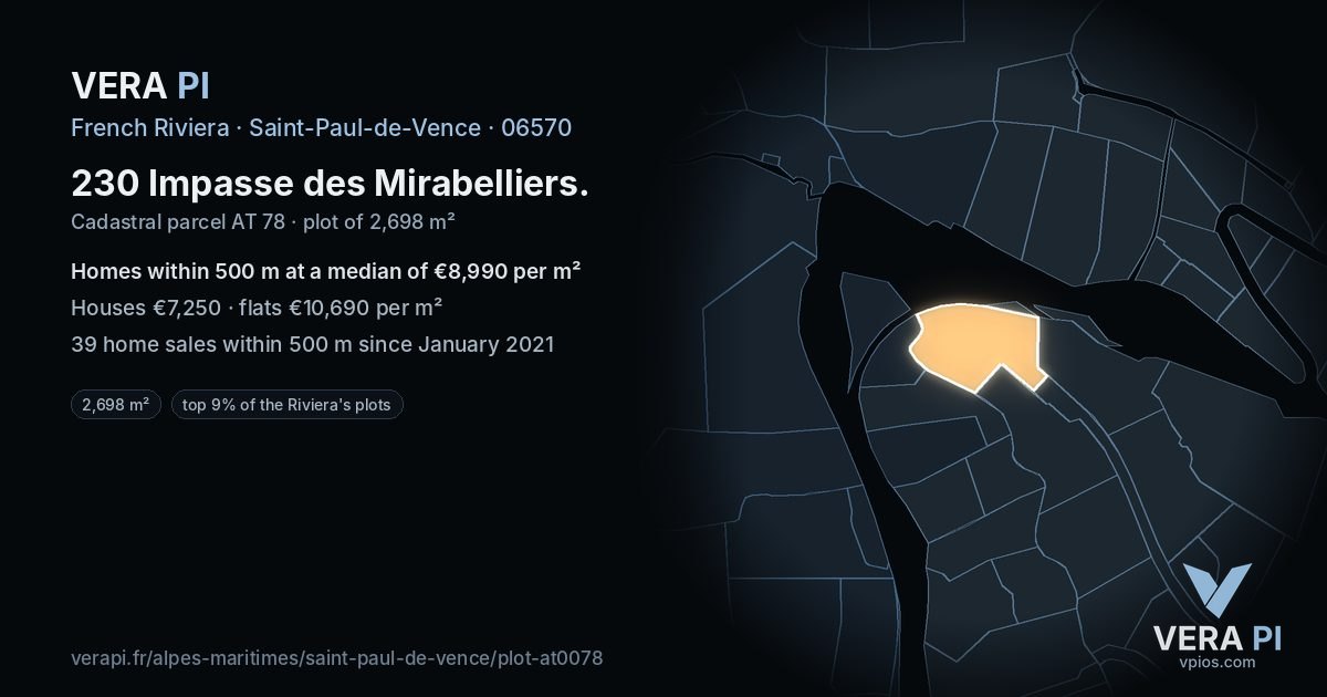 230 Impasse des Mirabelliers, Saint-Paul-de-Vence at night – the plot lit, the parcels around coloured by the prices near them