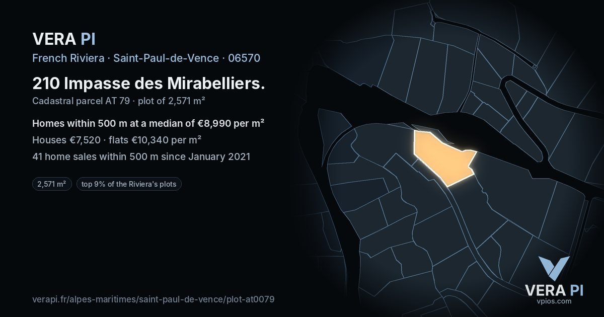 210 Impasse des Mirabelliers, Saint-Paul-de-Vence at night – the plot lit, the parcels around coloured by the prices near them