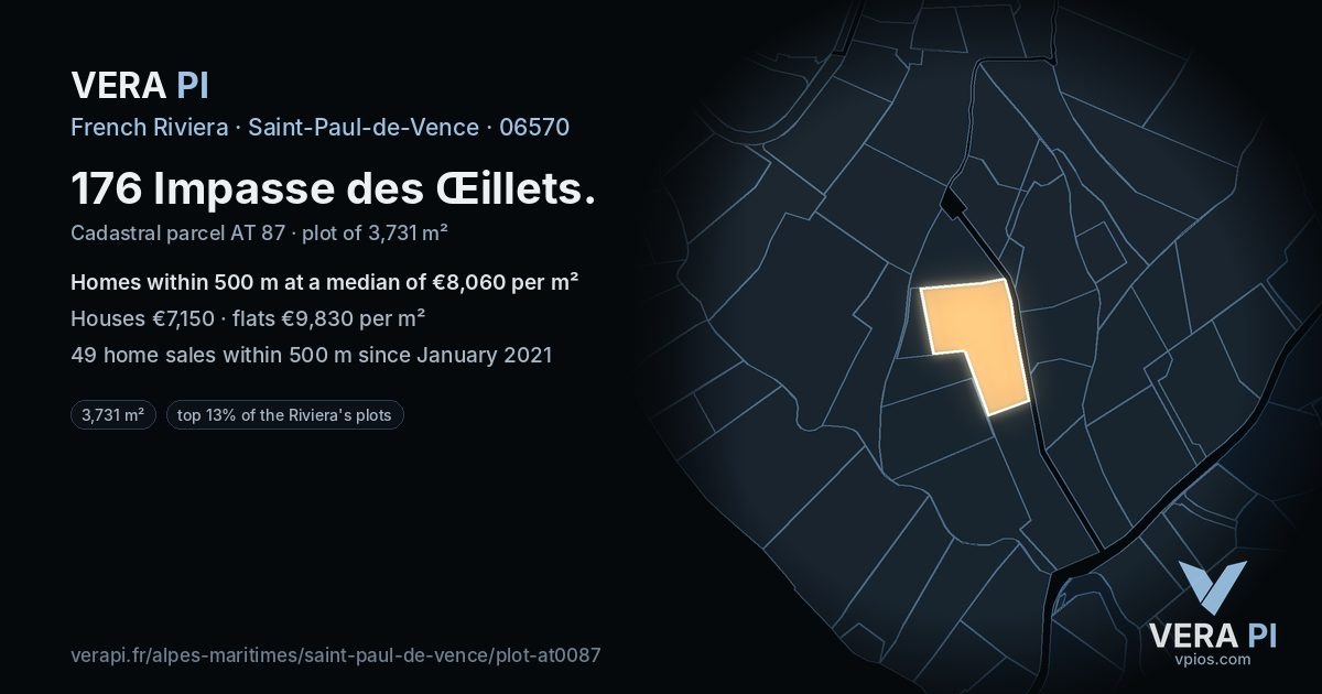 176 Impasse des Œillets, Saint-Paul-de-Vence at night – the plot lit, the parcels around coloured by the prices near them
