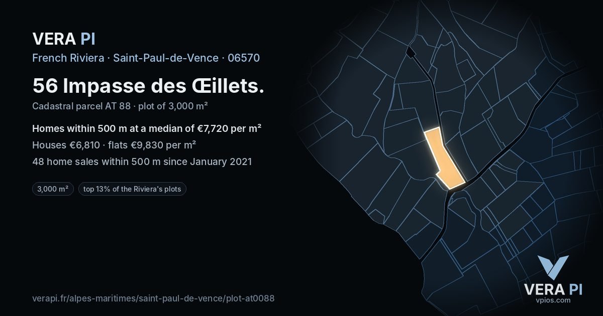 56 Impasse des Œillets, Saint-Paul-de-Vence at night – the plot lit, the parcels around coloured by the prices near them