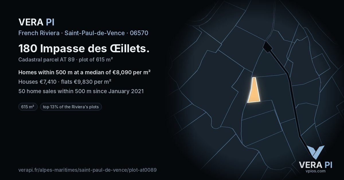 180 Impasse des Œillets, Saint-Paul-de-Vence at night – the plot lit, the parcels around coloured by the prices near them