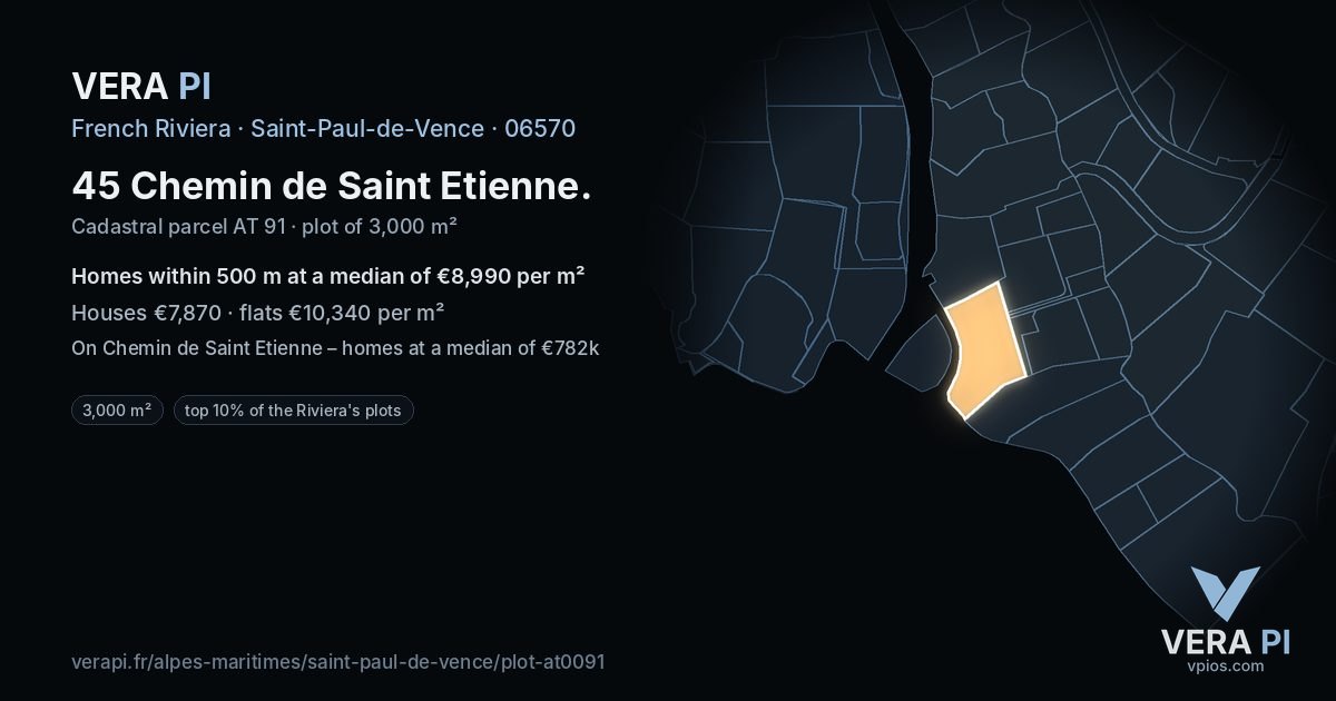 45 Chemin de Saint Etienne, Saint-Paul-de-Vence at night – the plot lit, the parcels around coloured by the prices near them
