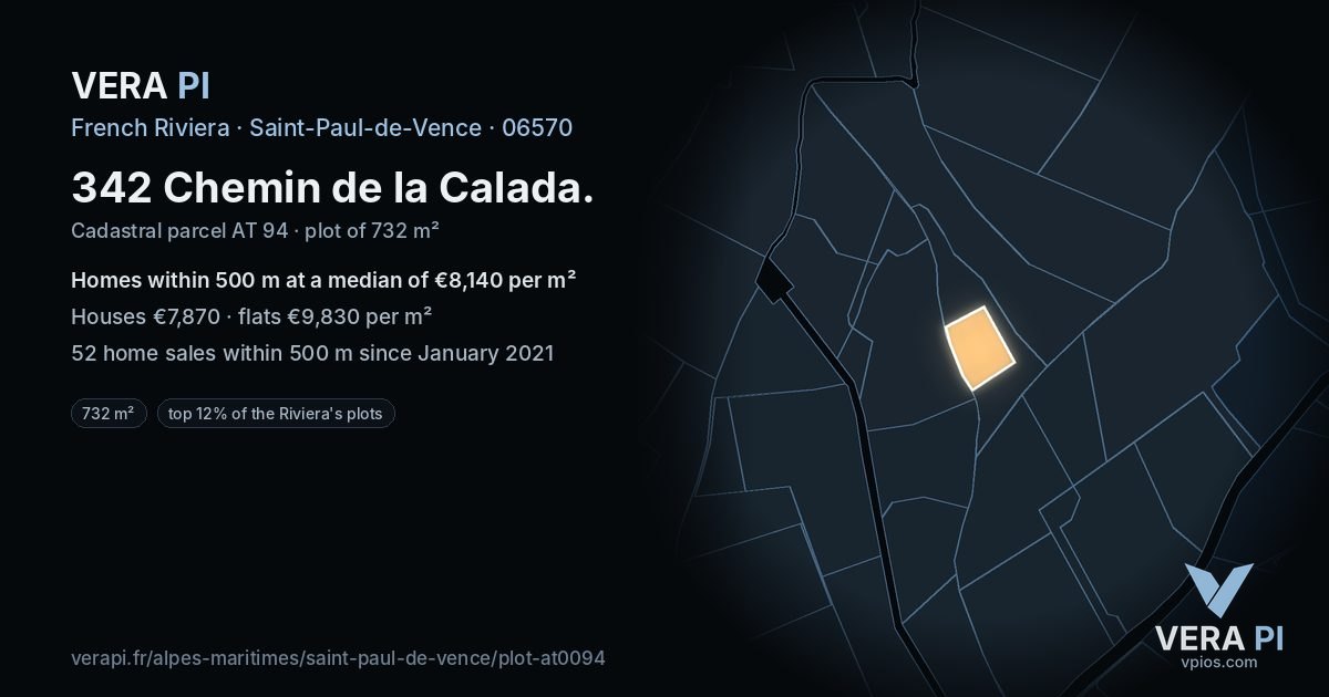 342 Chemin de la Calada, Saint-Paul-de-Vence at night – the plot lit, the parcels around coloured by the prices near them
