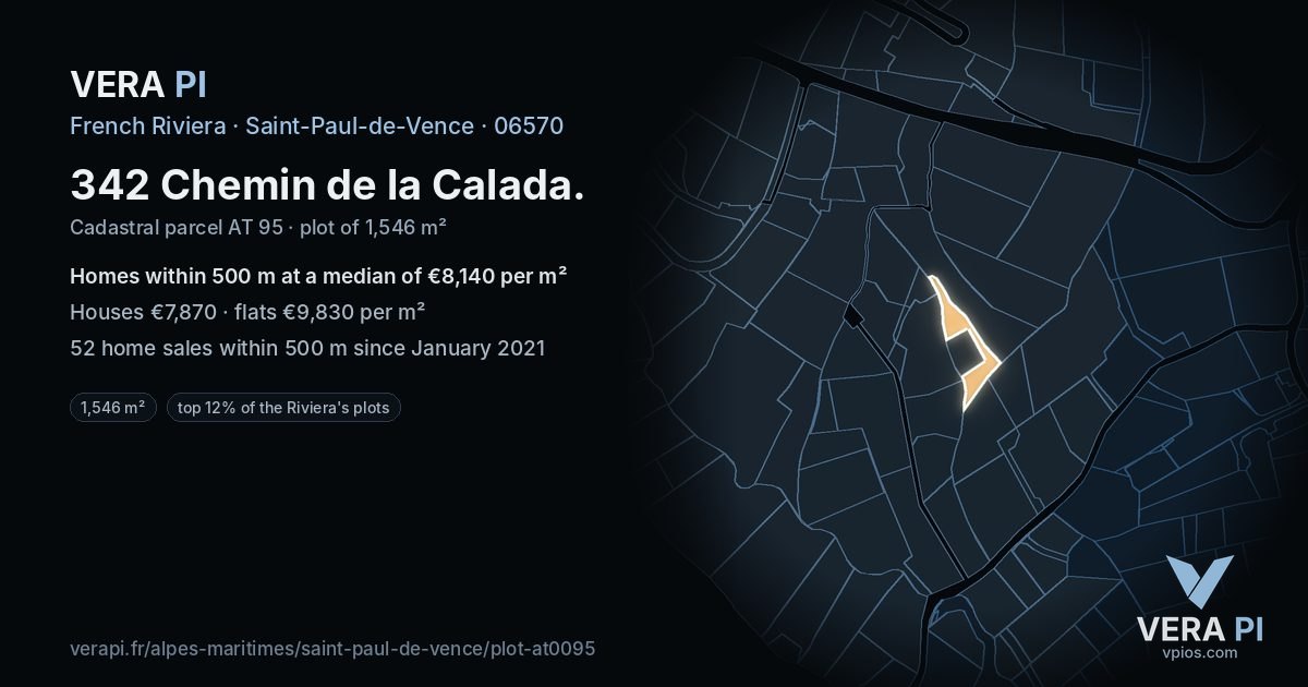 342 Chemin de la Calada, Saint-Paul-de-Vence at night – the plot lit, the parcels around coloured by the prices near them
