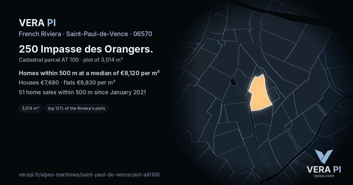 250 Impasse des Orangers, Saint-Paul-de-Vence at night – the plot lit, the parcels around coloured by the prices near them