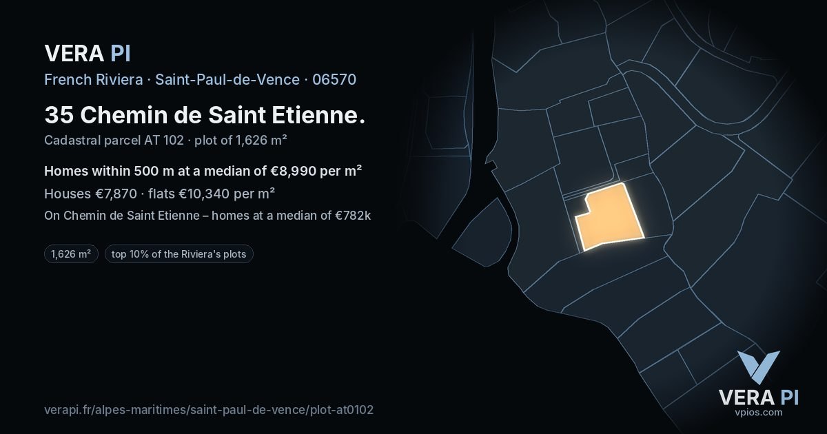 35 Chemin de Saint Etienne, Saint-Paul-de-Vence at night – the plot lit, the parcels around coloured by the prices near them