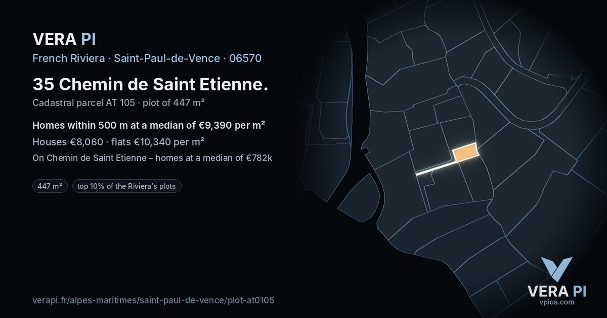 35 Chemin de Saint Etienne, Saint-Paul-de-Vence at night – the plot lit, the parcels around coloured by the prices near them