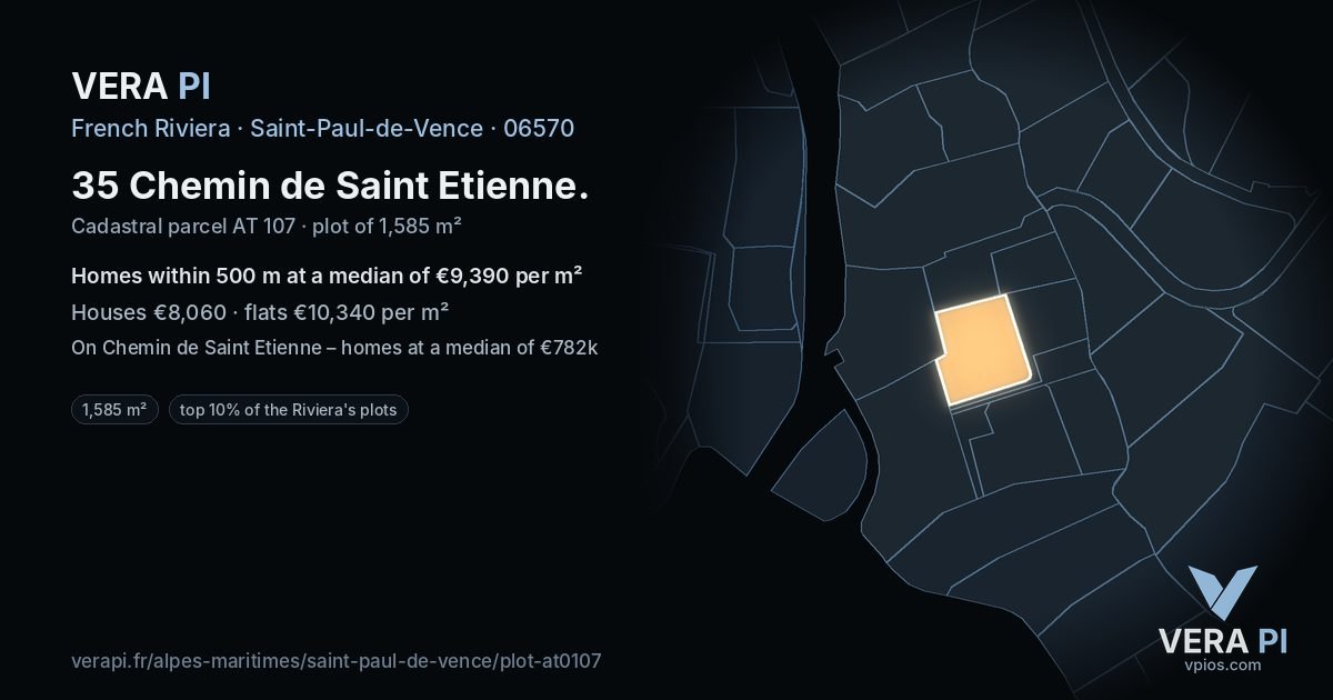 35 Chemin de Saint Etienne, Saint-Paul-de-Vence at night – the plot lit, the parcels around coloured by the prices near them