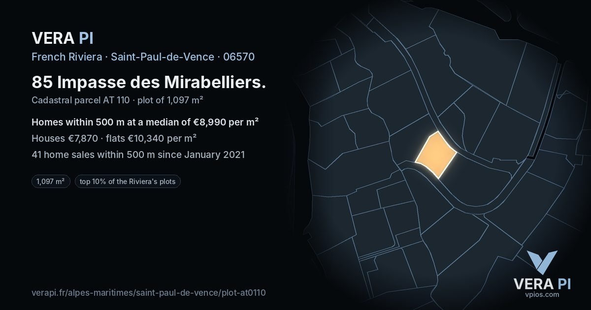 85 Impasse des Mirabelliers, Saint-Paul-de-Vence at night – the plot lit, the parcels around coloured by the prices near them