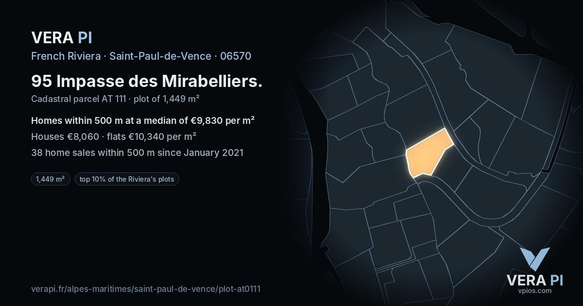 95 Impasse des Mirabelliers, Saint-Paul-de-Vence at night – the plot lit, the parcels around coloured by the prices near them