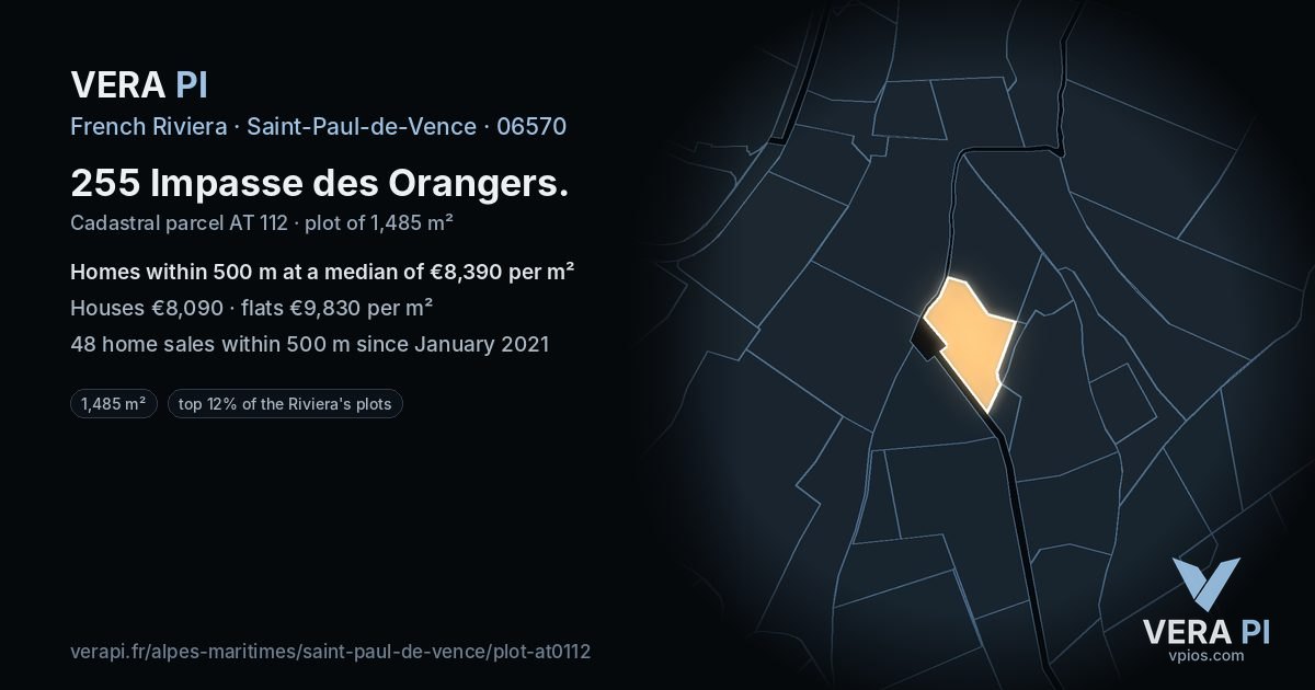 255 Impasse des Orangers, Saint-Paul-de-Vence at night – the plot lit, the parcels around coloured by the prices near them