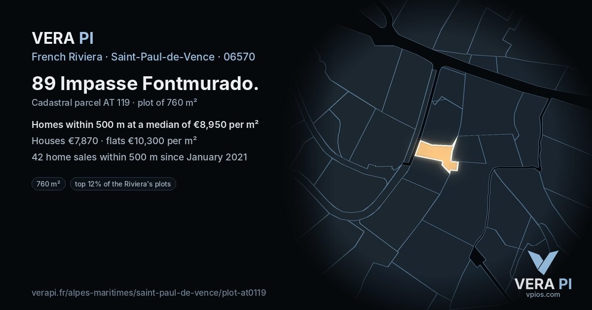 89 Impasse Fontmurado, Saint-Paul-de-Vence at night – the plot lit, the parcels around coloured by the prices near them