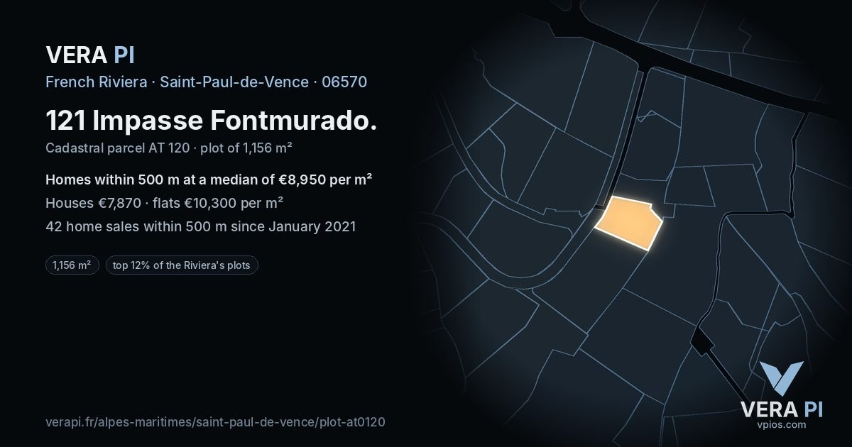 121 Impasse Fontmurado, Saint-Paul-de-Vence at night – the plot lit, the parcels around coloured by the prices near them