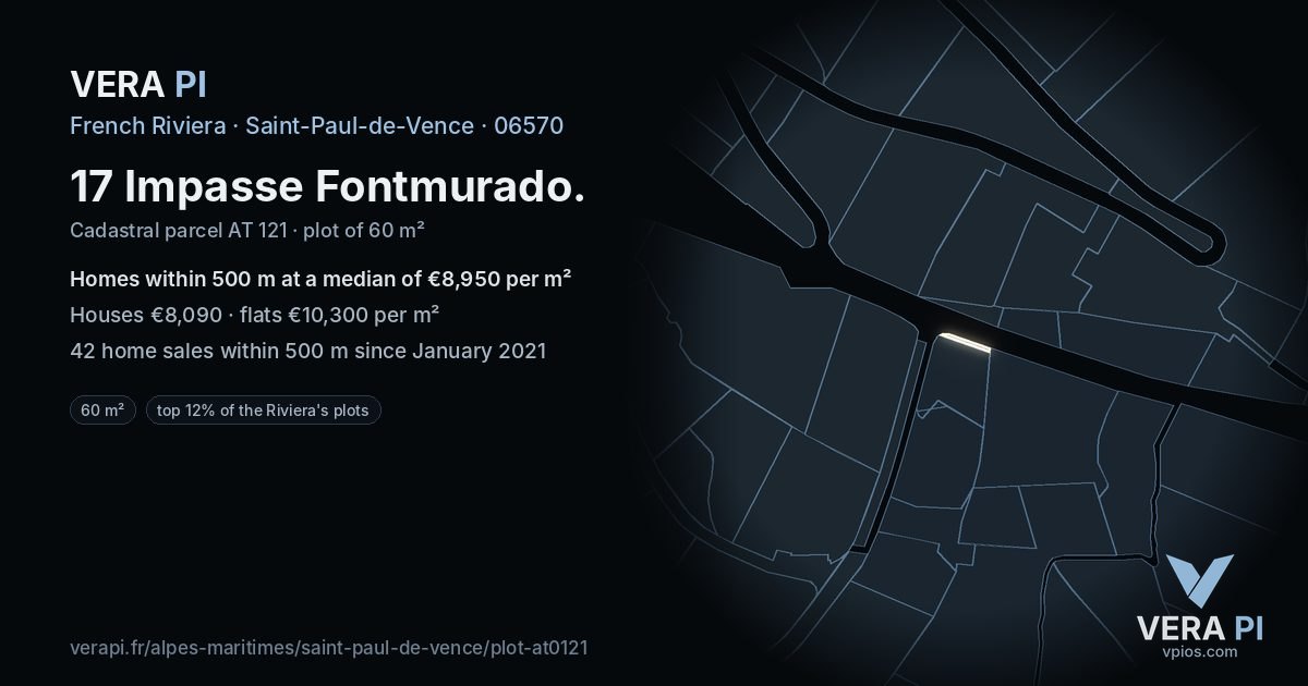 17 Impasse Fontmurado, Saint-Paul-de-Vence at night – the plot lit, the parcels around coloured by the prices near them
