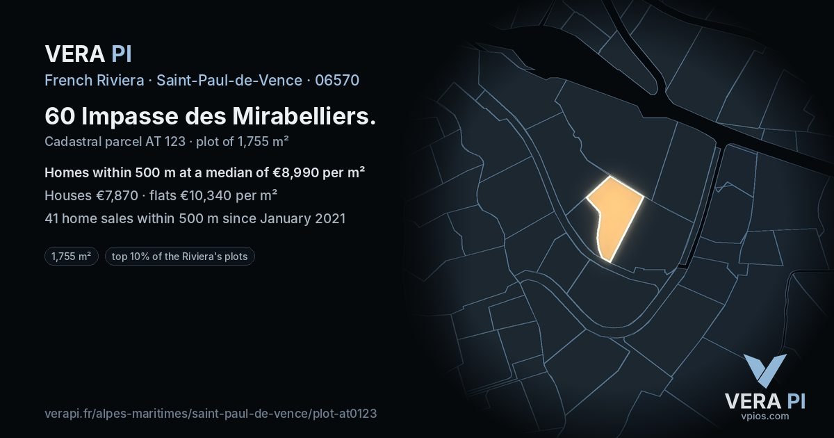 60 Impasse des Mirabelliers, Saint-Paul-de-Vence at night – the plot lit, the parcels around coloured by the prices near them