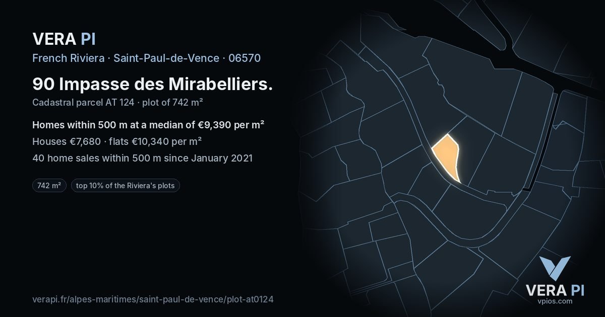90 Impasse des Mirabelliers, Saint-Paul-de-Vence at night – the plot lit, the parcels around coloured by the prices near them