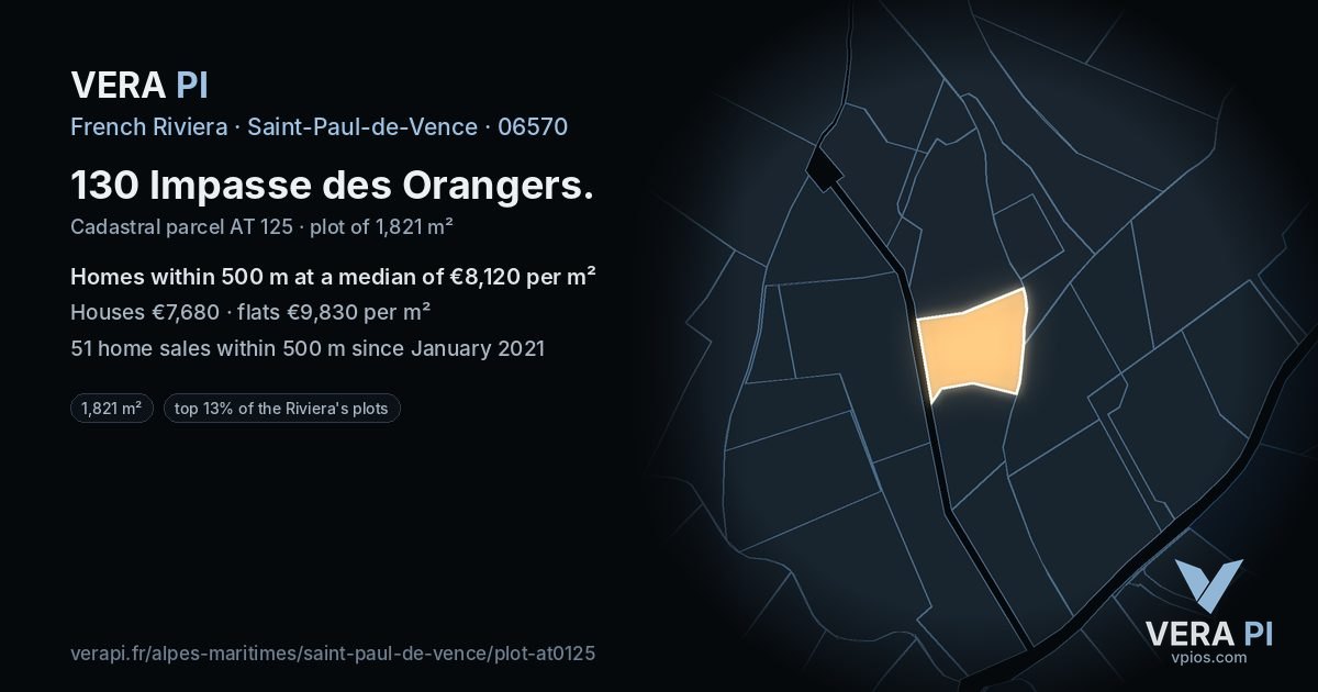 130 Impasse des Orangers, Saint-Paul-de-Vence at night – the plot lit, the parcels around coloured by the prices near them