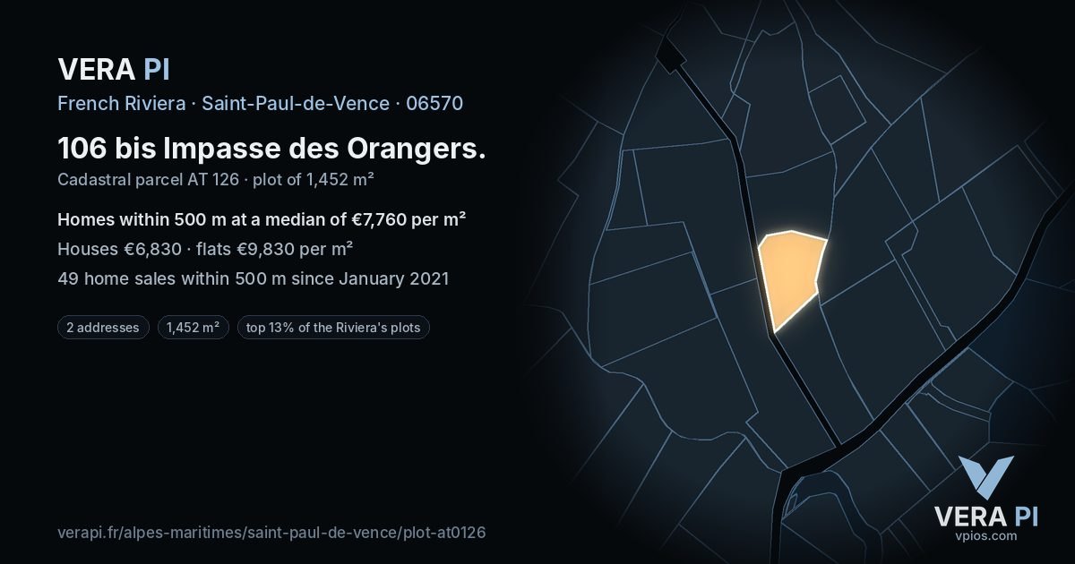 106 bis Impasse des Orangers, Saint-Paul-de-Vence at night – the plot lit, the parcels around coloured by the prices near them