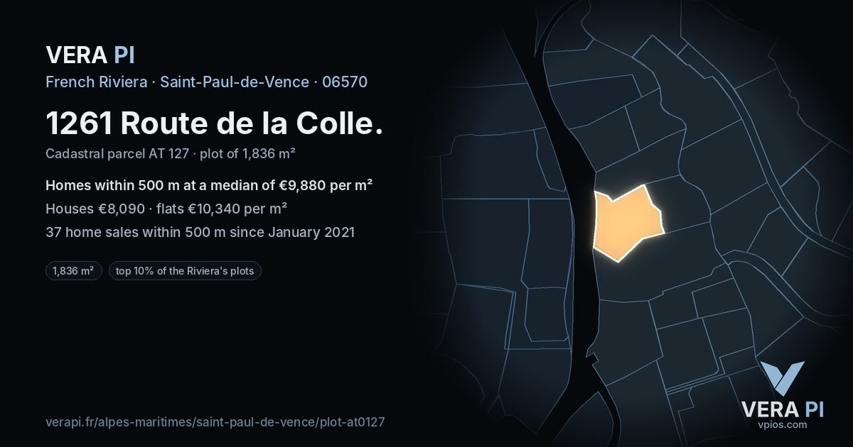 1261 Route de la Colle, Saint-Paul-de-Vence at night – the plot lit, the parcels around coloured by the prices near them