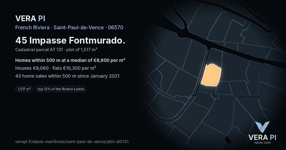 45 Impasse Fontmurado, Saint-Paul-de-Vence at night – the plot lit, the parcels around coloured by the prices near them