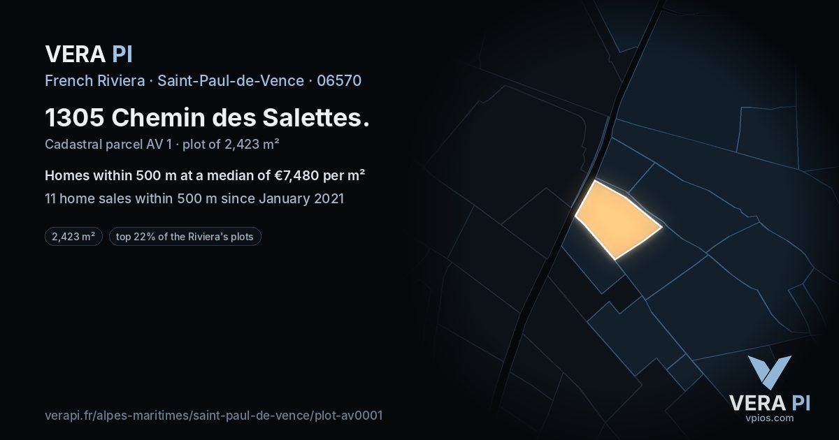 1305 Chemin des Salettes, Saint-Paul-de-Vence at night – the plot lit, the parcels around coloured by the prices near them