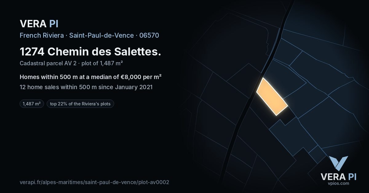 1274 Chemin des Salettes, Saint-Paul-de-Vence at night – the plot lit, the parcels around coloured by the prices near them