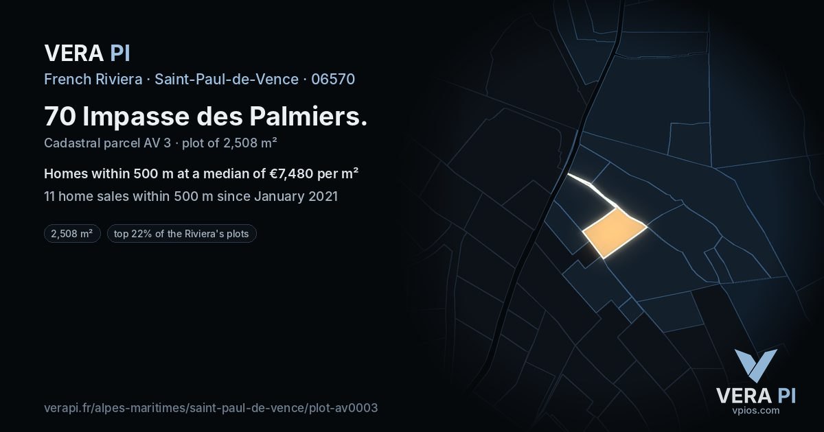 70 Impasse des Palmiers, Saint-Paul-de-Vence at night – the plot lit, the parcels around coloured by the prices near them