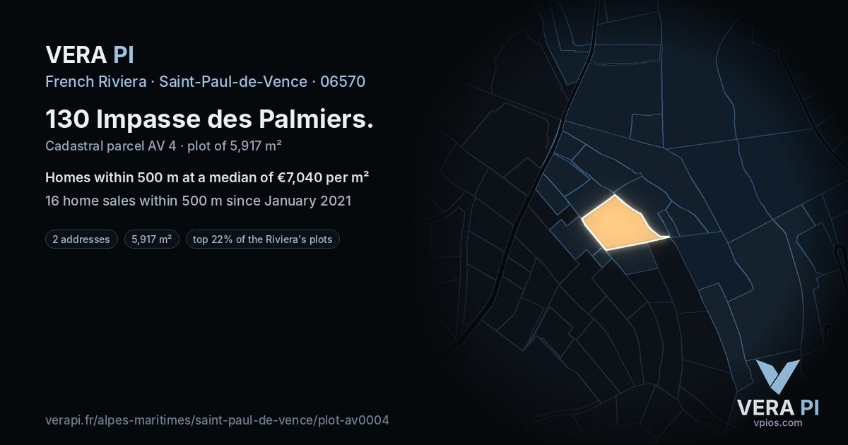 130 Impasse des Palmiers, Saint-Paul-de-Vence at night – the plot lit, the parcels around coloured by the prices near them