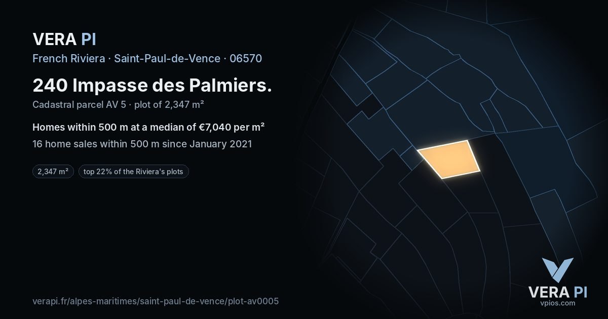 240 Impasse des Palmiers, Saint-Paul-de-Vence at night – the plot lit, the parcels around coloured by the prices near them