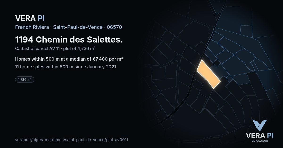 1194 Chemin des Salettes, Saint-Paul-de-Vence at night – the plot lit, the parcels around coloured by the prices near them