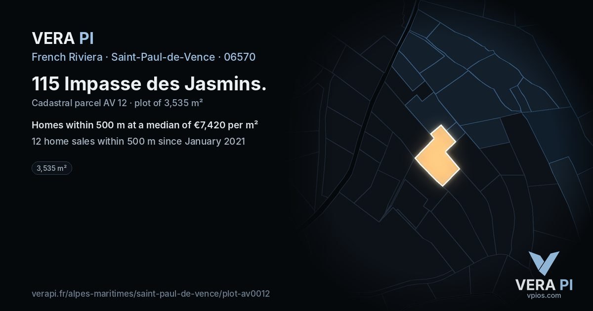 115 Impasse des Jasmins, Saint-Paul-de-Vence at night – the plot lit, the parcels around coloured by the prices near them