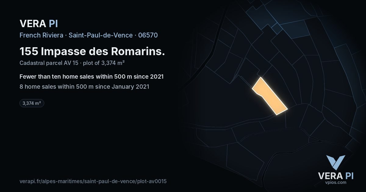155 Impasse des Romarins, Saint-Paul-de-Vence at night – the plot lit, the parcels around coloured by the prices near them