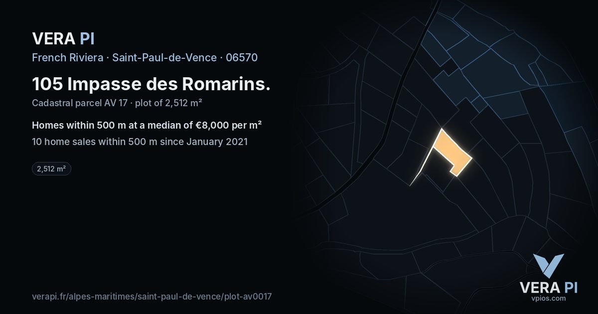 105 Impasse des Romarins, Saint-Paul-de-Vence at night – the plot lit, the parcels around coloured by the prices near them