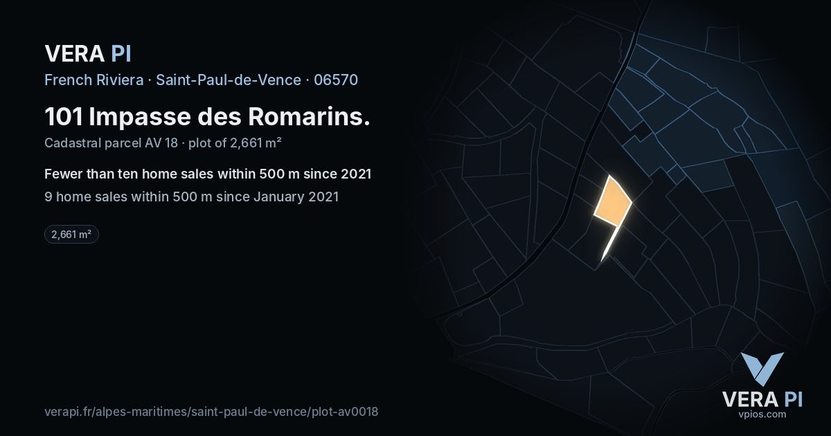 101 Impasse des Romarins, Saint-Paul-de-Vence at night – the plot lit, the parcels around coloured by the prices near them