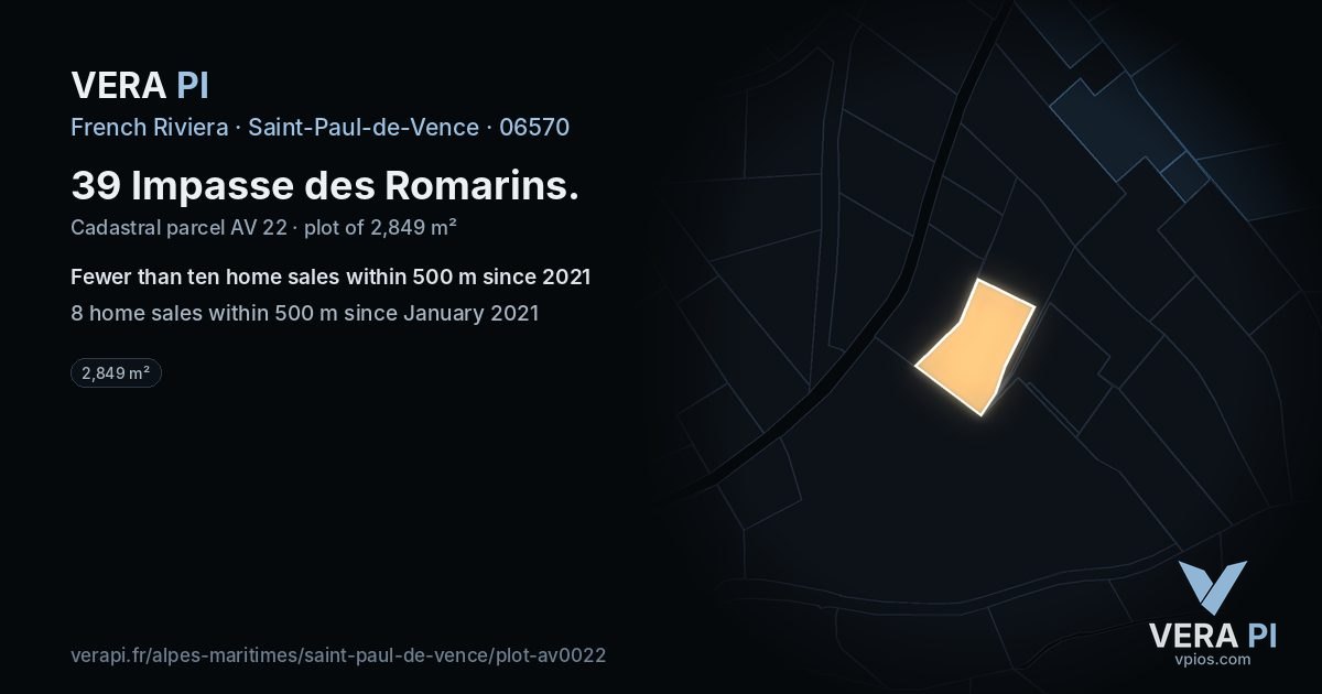 39 Impasse des Romarins, Saint-Paul-de-Vence at night – the plot lit, the parcels around coloured by the prices near them
