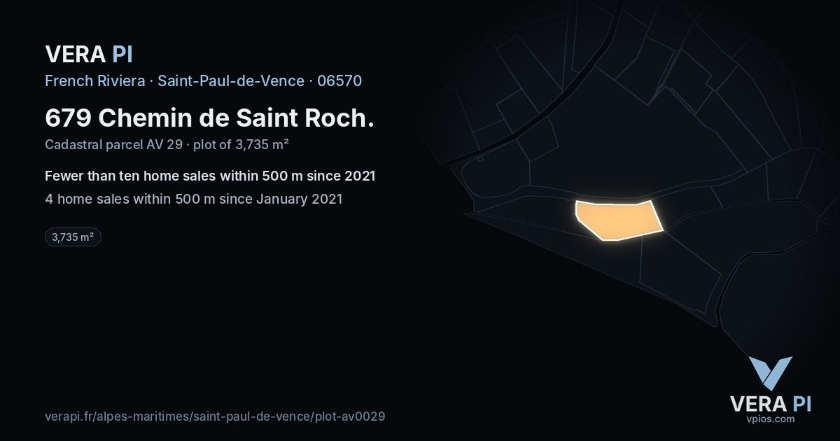 679 Chemin de Saint Roch, Saint-Paul-de-Vence at night – the plot lit, the parcels around coloured by the prices near them