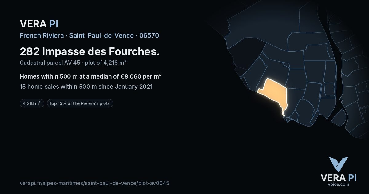 282 Impasse des Fourches, Saint-Paul-de-Vence at night – the plot lit, the parcels around coloured by the prices near them