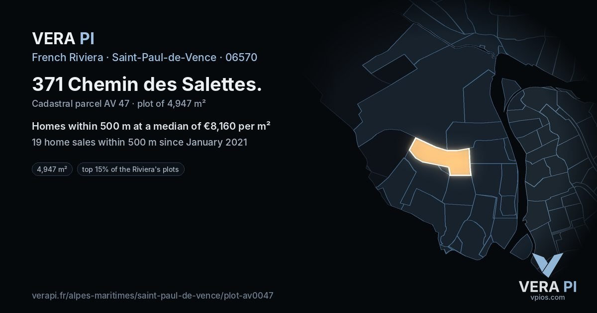 371 Chemin des Salettes, Saint-Paul-de-Vence at night – the plot lit, the parcels around coloured by the prices near them
