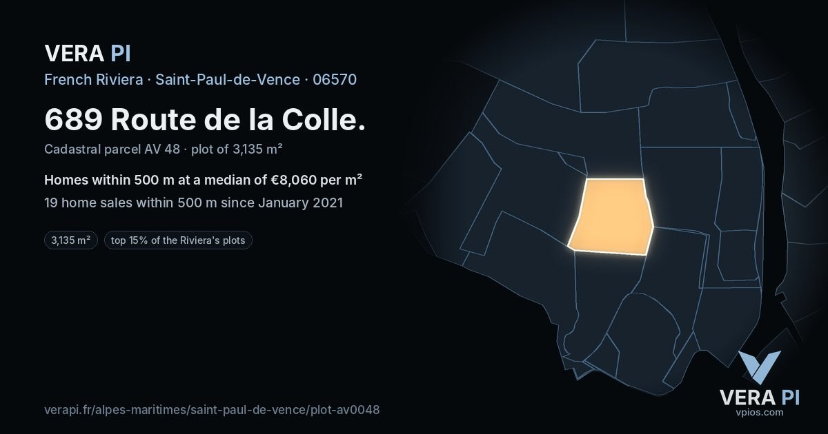 689 Route de la Colle, Saint-Paul-de-Vence at night – the plot lit, the parcels around coloured by the prices near them