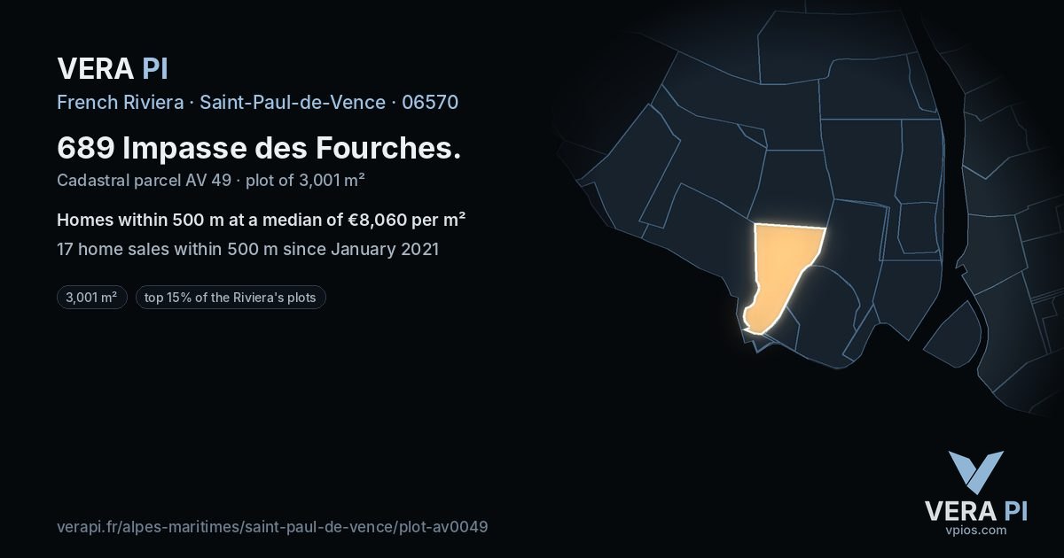 689 Impasse des Fourches, Saint-Paul-de-Vence at night – the plot lit, the parcels around coloured by the prices near them