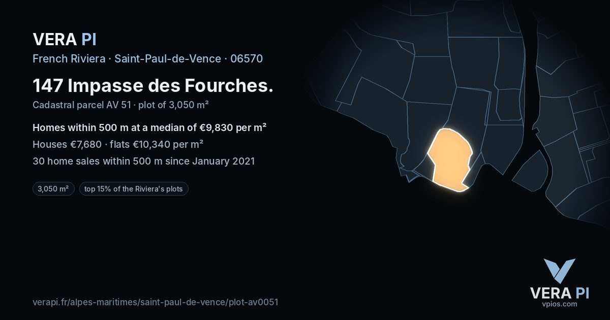 147 Impasse des Fourches, Saint-Paul-de-Vence at night – the plot lit, the parcels around coloured by the prices near them