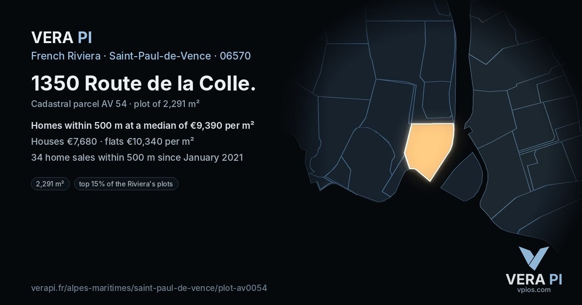 1350 Route de la Colle, Saint-Paul-de-Vence at night – the plot lit, the parcels around coloured by the prices near them