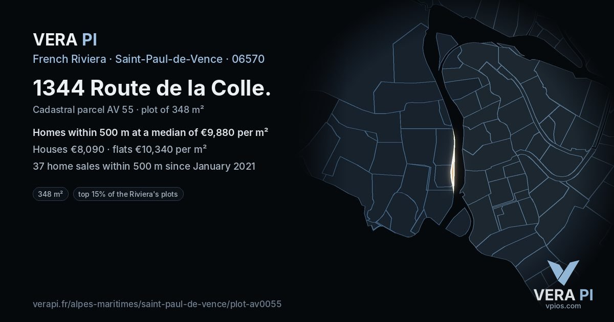 1344 Route de la Colle, Saint-Paul-de-Vence at night – the plot lit, the parcels around coloured by the prices near them
