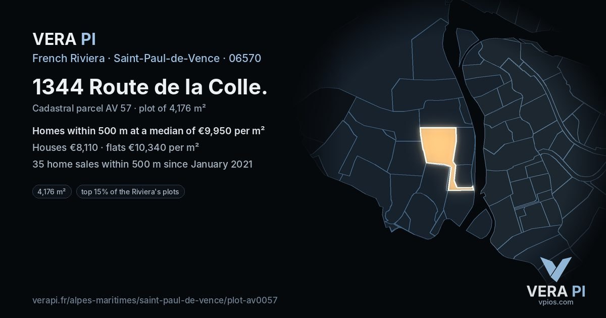 1344 Route de la Colle, Saint-Paul-de-Vence at night – the plot lit, the parcels around coloured by the prices near them